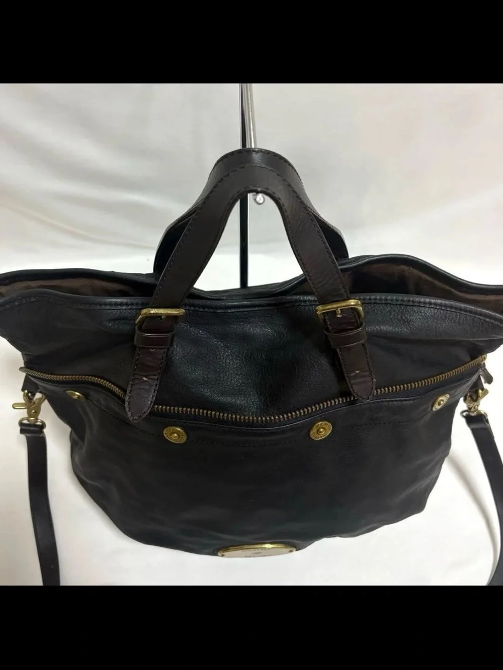 Mulberry Black Leather Shoulder Tote with Brass Hardware